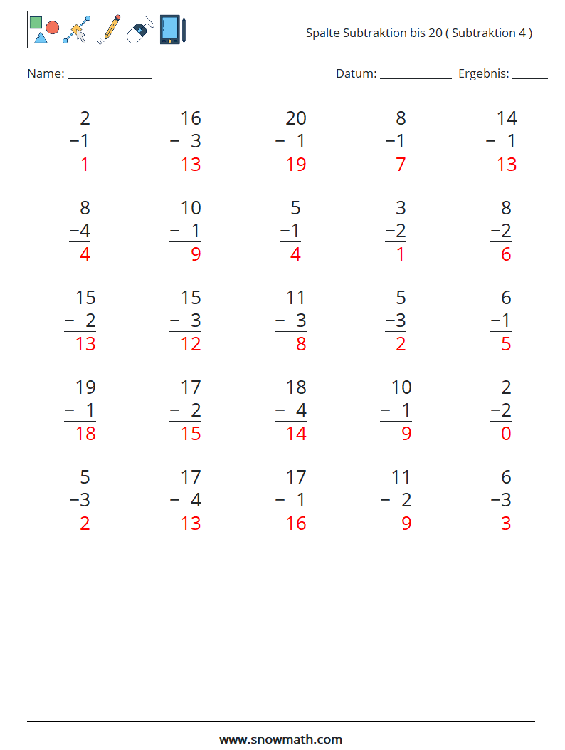 (25) Spalte Subtraktion bis 20 ( Subtraktion 4 ) Mathe-Arbeitsblätter 16 Frage, Antwort