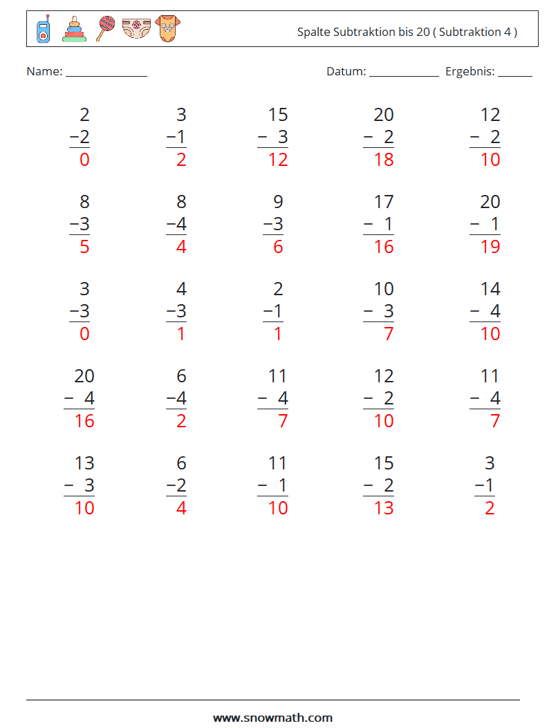 (25) Spalte Subtraktion bis 20 ( Subtraktion 4 ) Mathe-Arbeitsblätter 17 Frage, Antwort