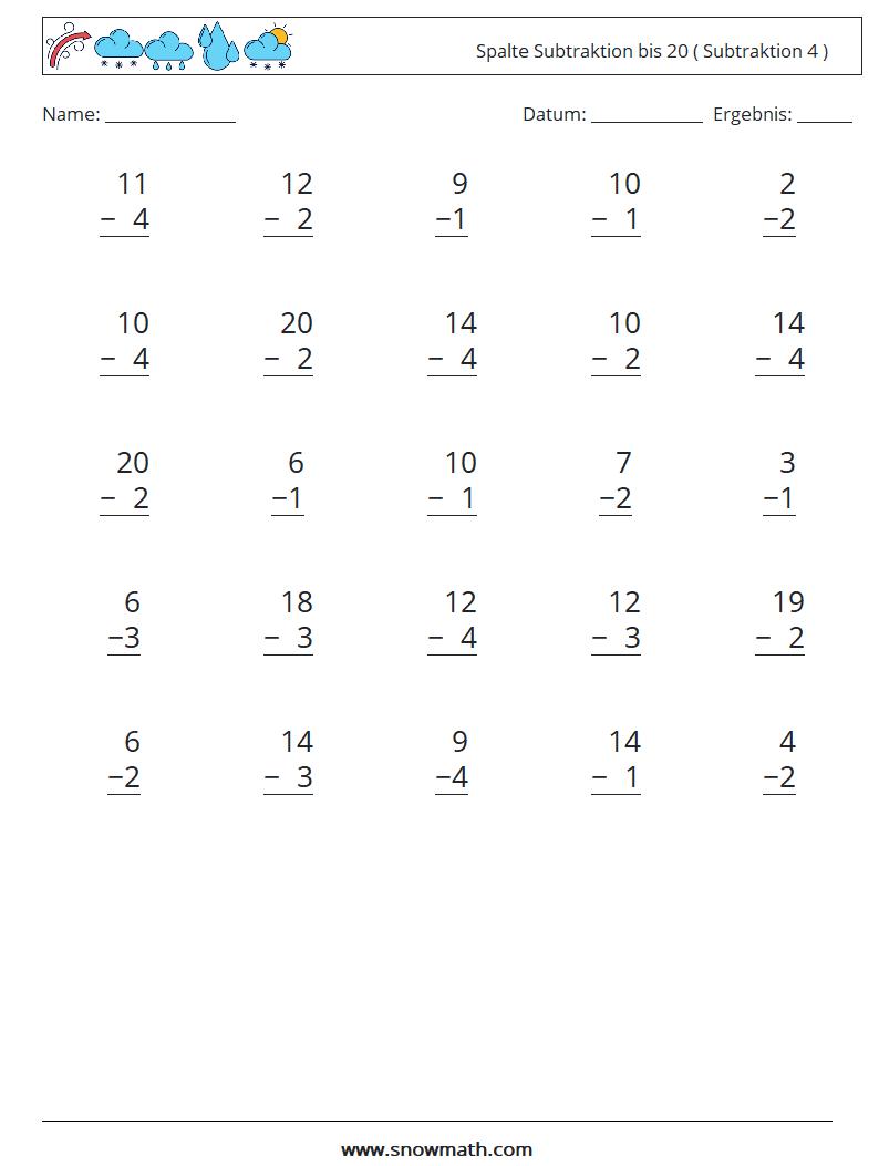 (25) Spalte Subtraktion bis 20 ( Subtraktion 4 ) Mathe-Arbeitsblätter 18