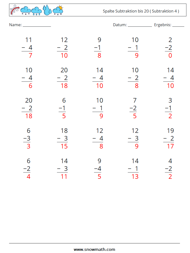(25) Spalte Subtraktion bis 20 ( Subtraktion 4 ) Mathe-Arbeitsblätter 18 Frage, Antwort