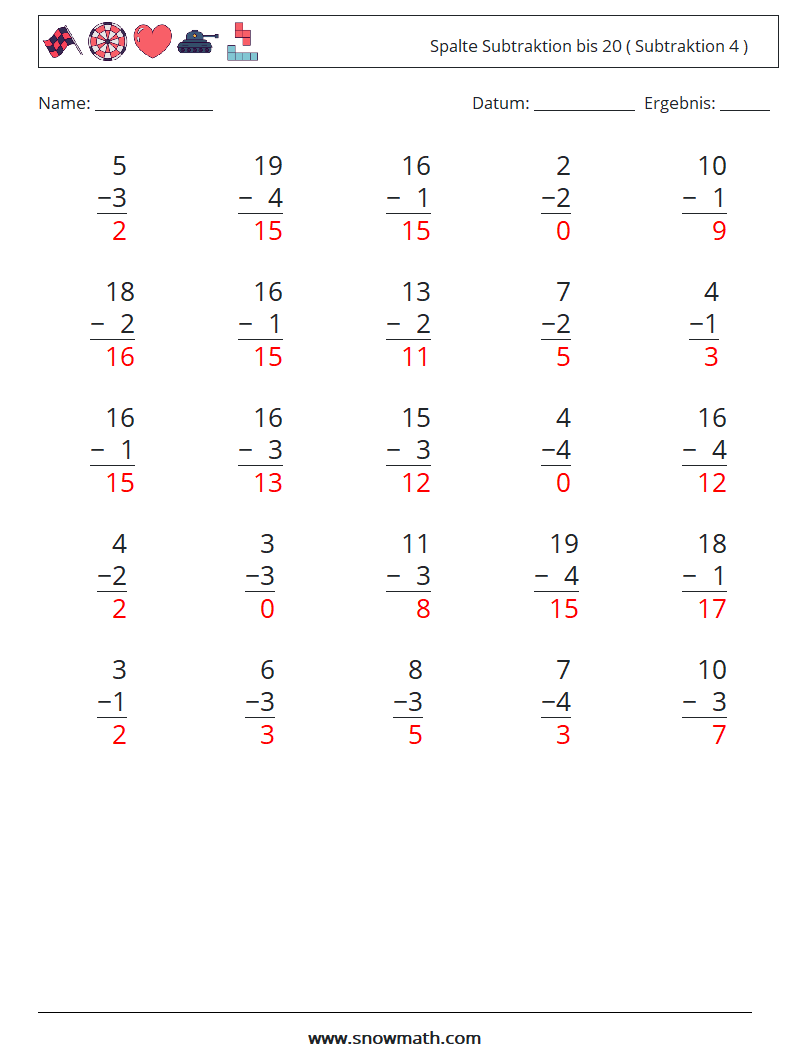 (25) Spalte Subtraktion bis 20 ( Subtraktion 4 ) Mathe-Arbeitsblätter 1 Frage, Antwort