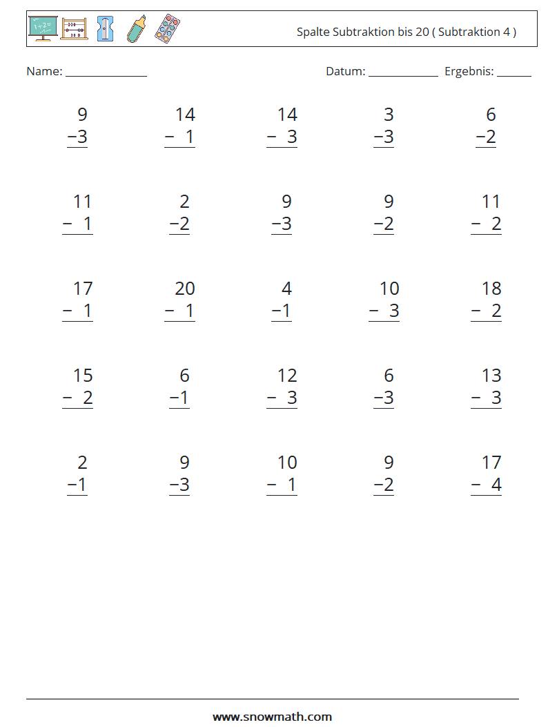 (25) Spalte Subtraktion bis 20 ( Subtraktion 4 ) Mathe-Arbeitsblätter 2