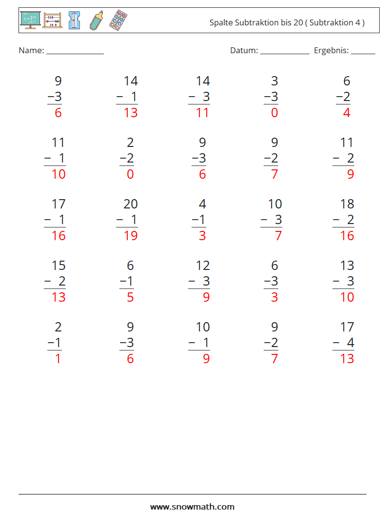 (25) Spalte Subtraktion bis 20 ( Subtraktion 4 ) Mathe-Arbeitsblätter 2 Frage, Antwort