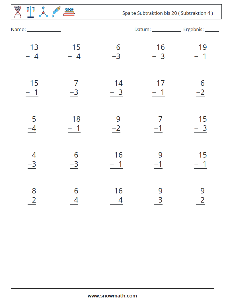 (25) Spalte Subtraktion bis 20 ( Subtraktion 4 ) Mathe-Arbeitsblätter 3