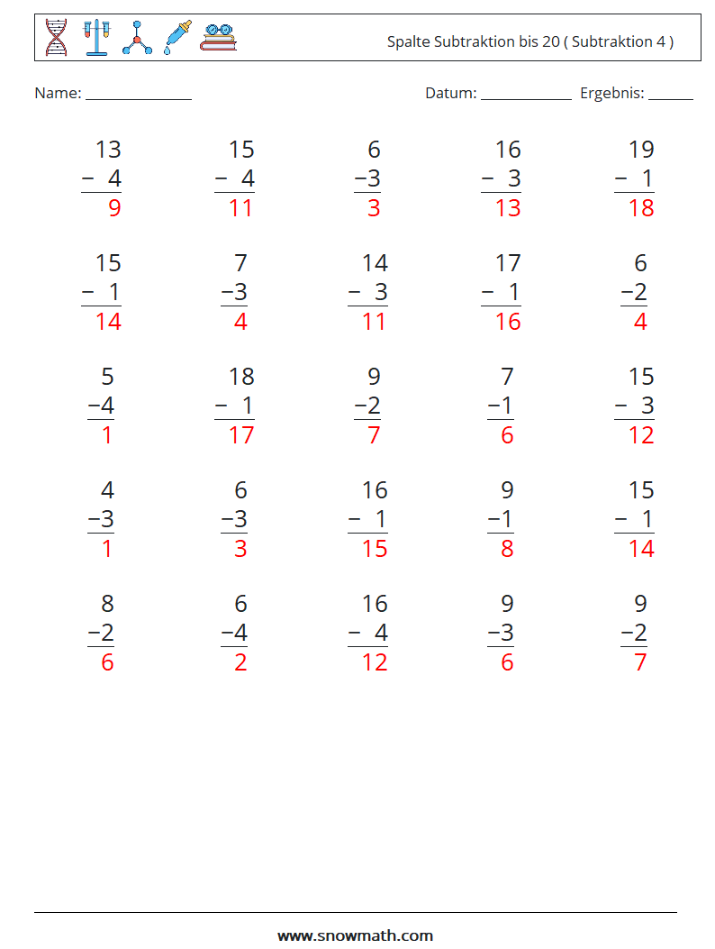 (25) Spalte Subtraktion bis 20 ( Subtraktion 4 ) Mathe-Arbeitsblätter 3 Frage, Antwort