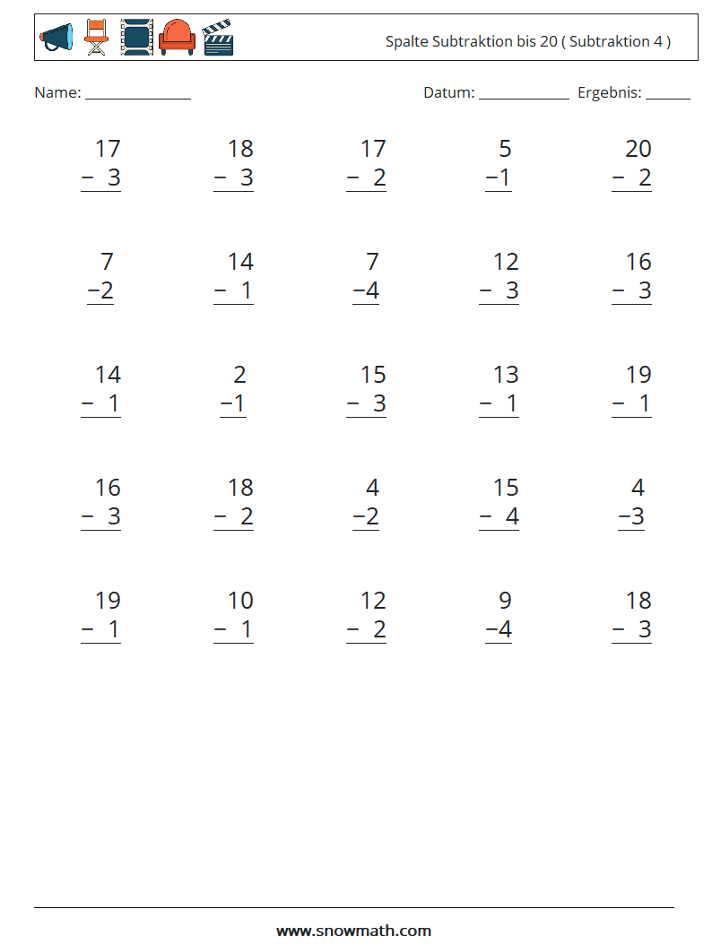 (25) Spalte Subtraktion bis 20 ( Subtraktion 4 ) Mathe-Arbeitsblätter 4