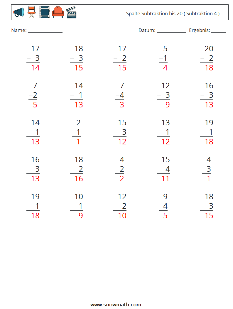 (25) Spalte Subtraktion bis 20 ( Subtraktion 4 ) Mathe-Arbeitsblätter 4 Frage, Antwort