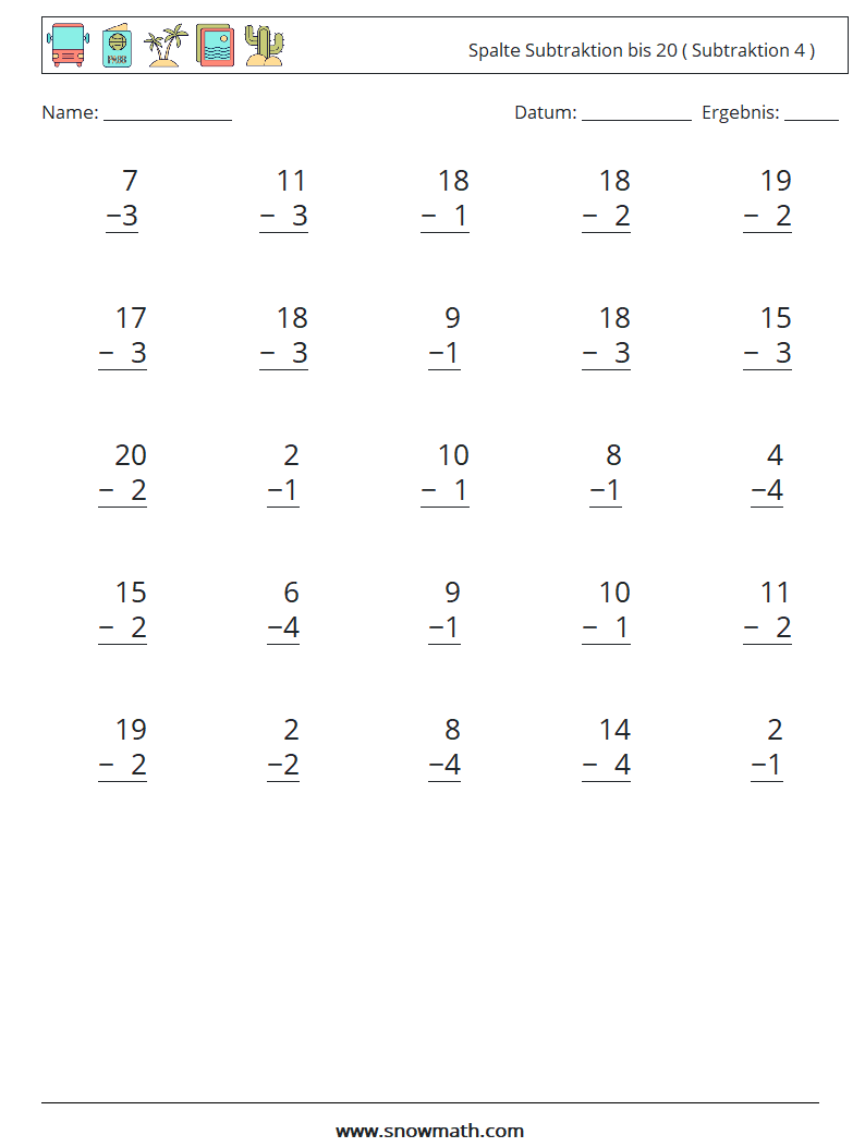 (25) Spalte Subtraktion bis 20 ( Subtraktion 4 ) Mathe-Arbeitsblätter 5