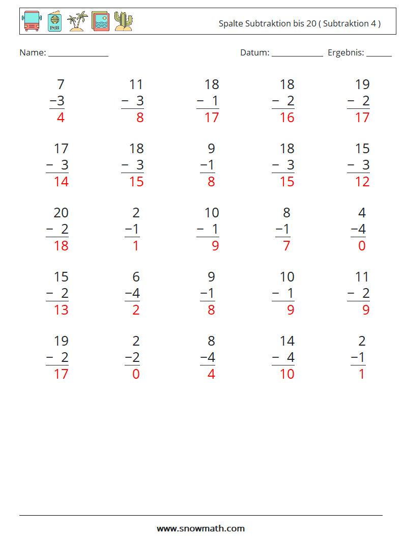 (25) Spalte Subtraktion bis 20 ( Subtraktion 4 ) Mathe-Arbeitsblätter 5 Frage, Antwort