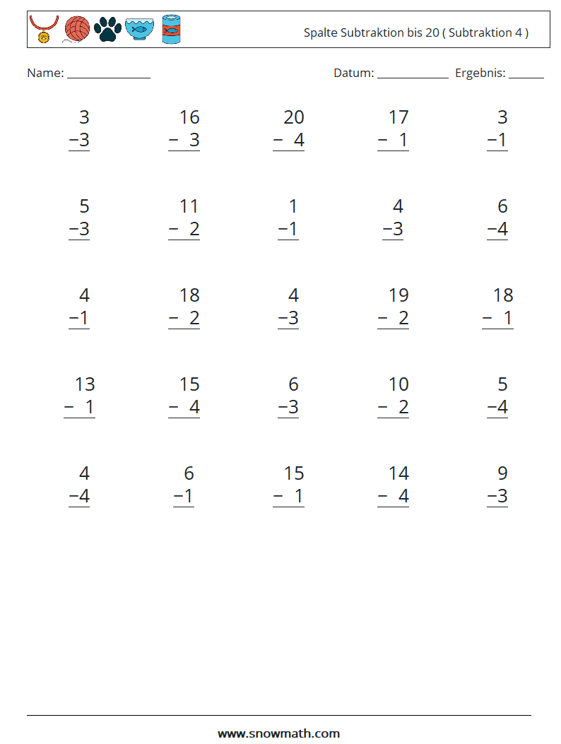(25) Spalte Subtraktion bis 20 ( Subtraktion 4 ) Mathe-Arbeitsblätter 6