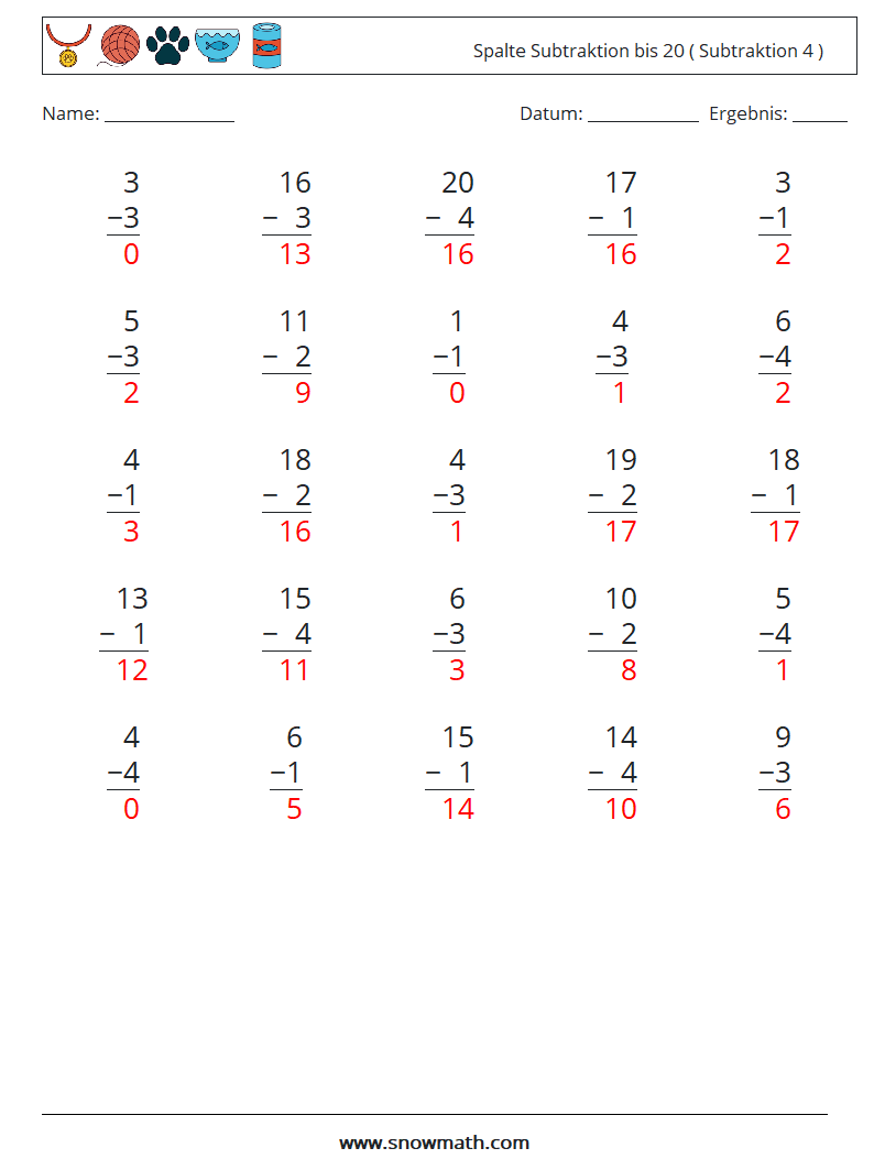(25) Spalte Subtraktion bis 20 ( Subtraktion 4 ) Mathe-Arbeitsblätter 6 Frage, Antwort