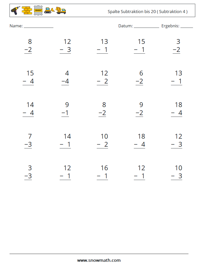(25) Spalte Subtraktion bis 20 ( Subtraktion 4 ) Mathe-Arbeitsblätter 7