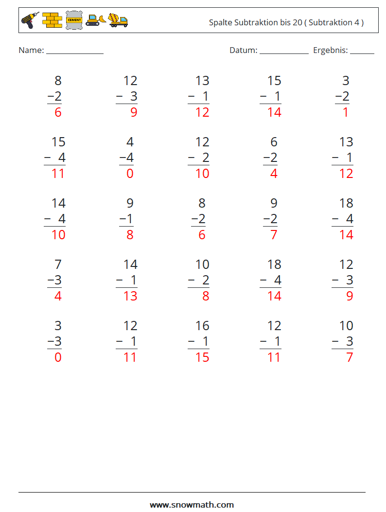 (25) Spalte Subtraktion bis 20 ( Subtraktion 4 ) Mathe-Arbeitsblätter 7 Frage, Antwort