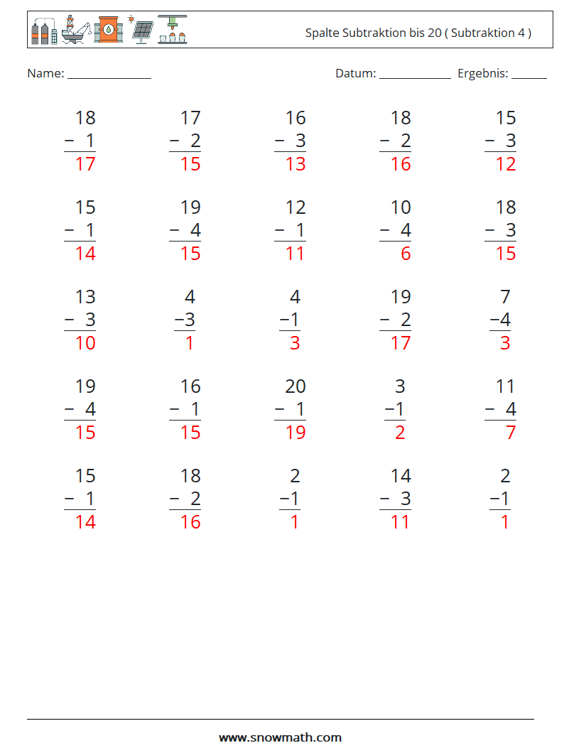 (25) Spalte Subtraktion bis 20 ( Subtraktion 4 ) Mathe-Arbeitsblätter 8 Frage, Antwort