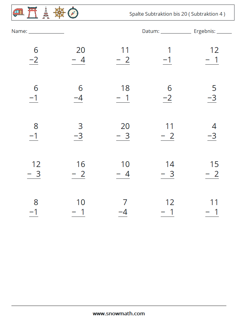 (25) Spalte Subtraktion bis 20 ( Subtraktion 4 ) Mathe-Arbeitsblätter 9