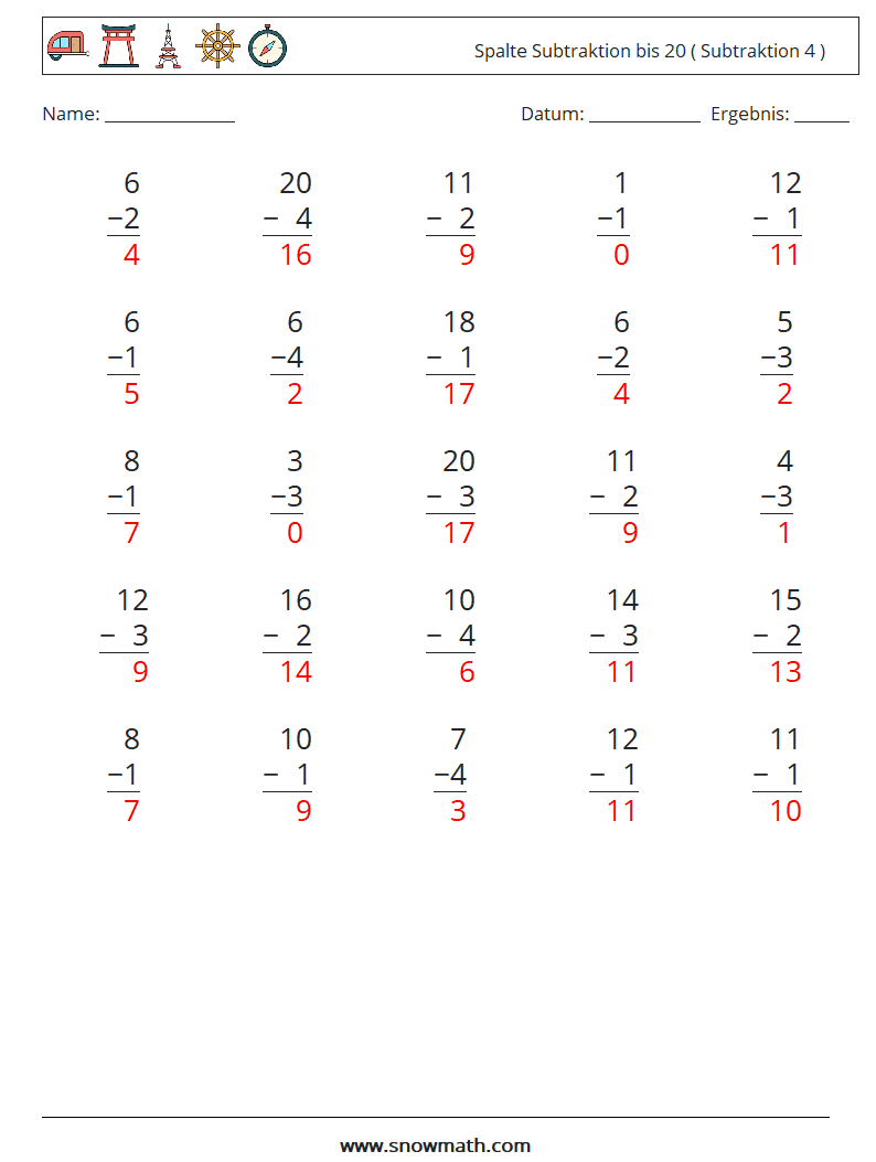 (25) Spalte Subtraktion bis 20 ( Subtraktion 4 ) Mathe-Arbeitsblätter 9 Frage, Antwort