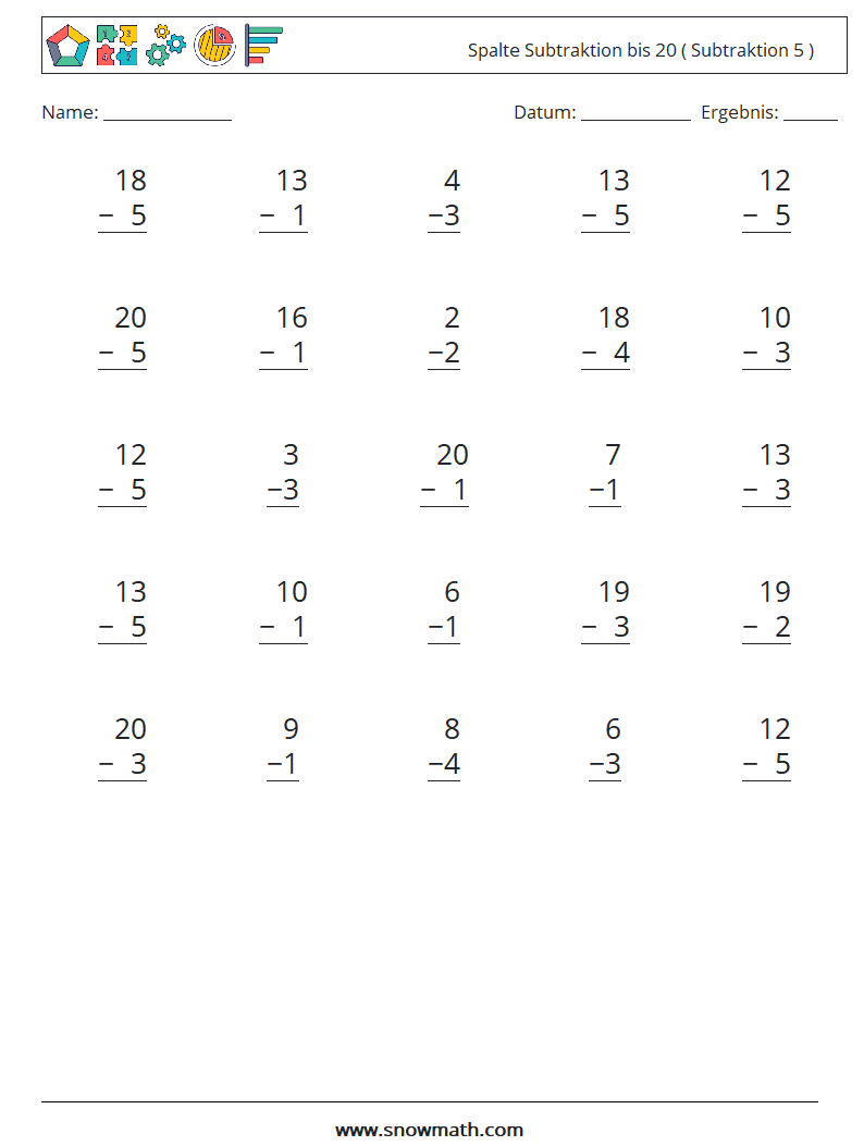 (25) Spalte Subtraktion bis 20 ( Subtraktion 5 ) Mathe-Arbeitsblätter 1