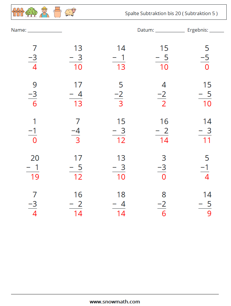 (25) Spalte Subtraktion bis 20 ( Subtraktion 5 ) Mathe-Arbeitsblätter 11 Frage, Antwort