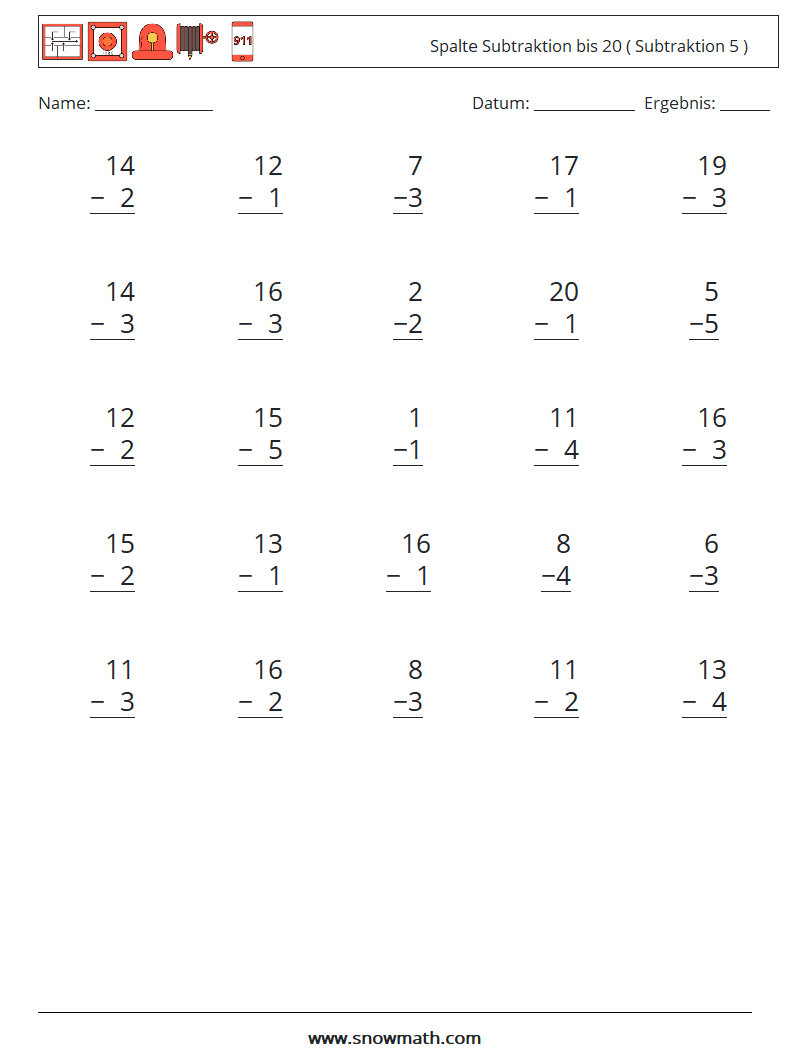 (25) Spalte Subtraktion bis 20 ( Subtraktion 5 ) Mathe-Arbeitsblätter 2