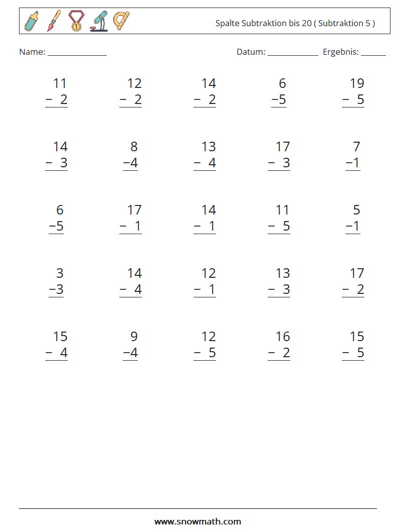 (25) Spalte Subtraktion bis 20 ( Subtraktion 5 ) Mathe-Arbeitsblätter 5