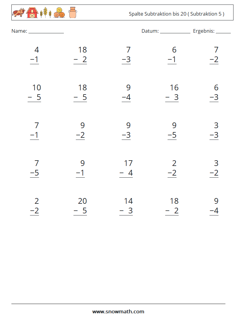 (25) Spalte Subtraktion bis 20 ( Subtraktion 5 ) Mathe-Arbeitsblätter 8