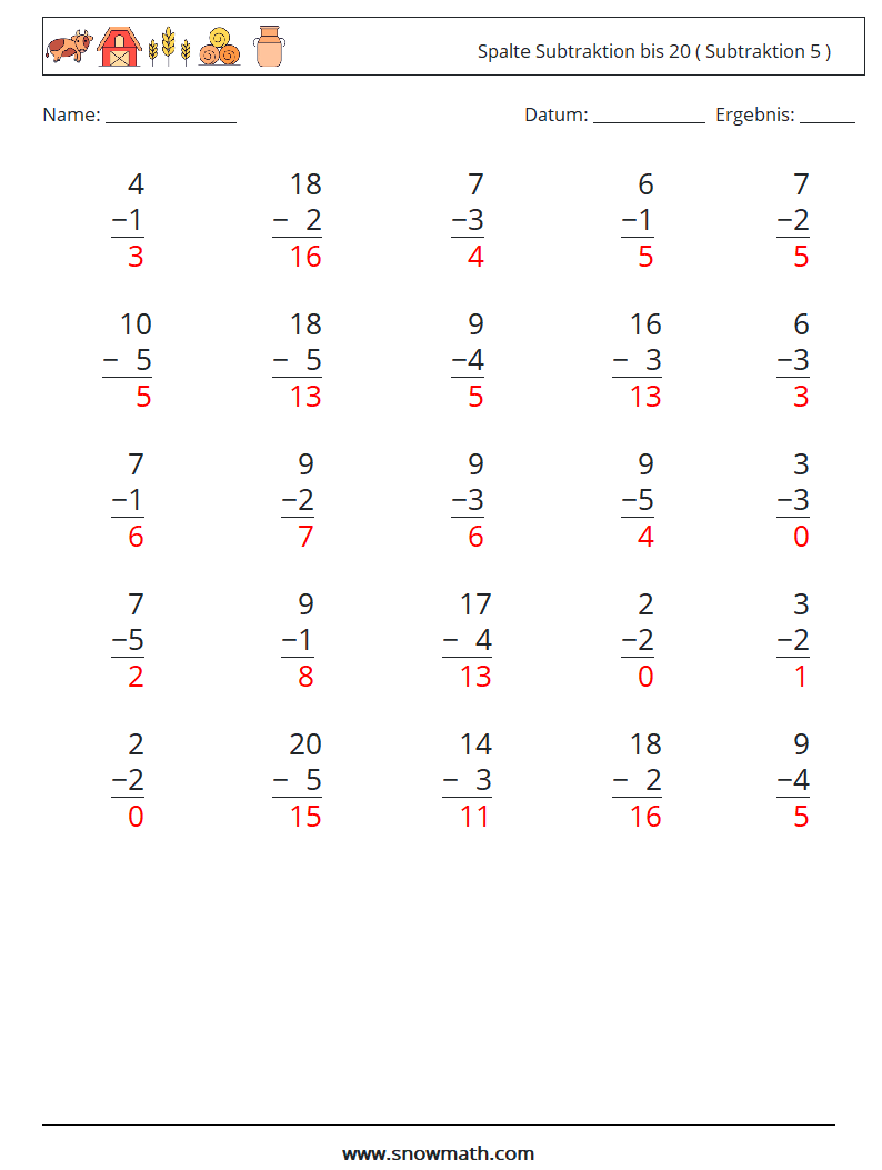 (25) Spalte Subtraktion bis 20 ( Subtraktion 5 ) Mathe-Arbeitsblätter 8 Frage, Antwort