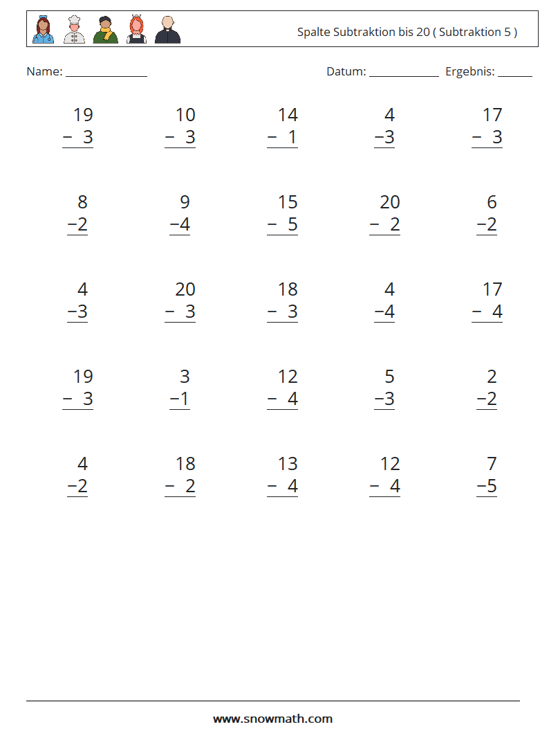 (25) Spalte Subtraktion bis 20 ( Subtraktion 5 ) Mathe-Arbeitsblätter 9