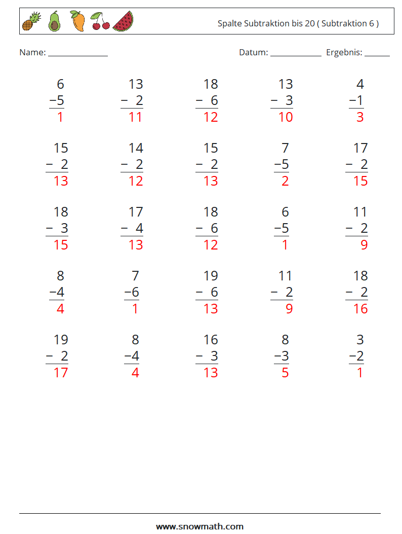 (25) Spalte Subtraktion bis 20 ( Subtraktion 6 ) Mathe-Arbeitsblätter 10 Frage, Antwort
