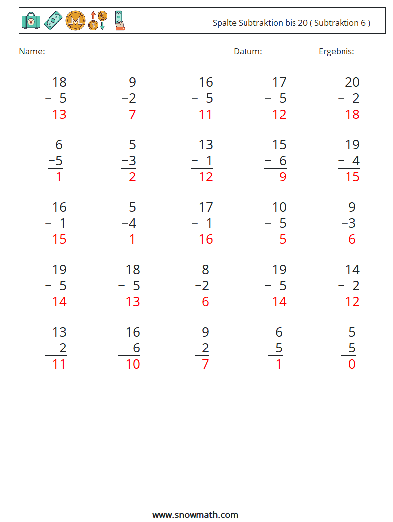 (25) Spalte Subtraktion bis 20 ( Subtraktion 6 ) Mathe-Arbeitsblätter 11 Frage, Antwort