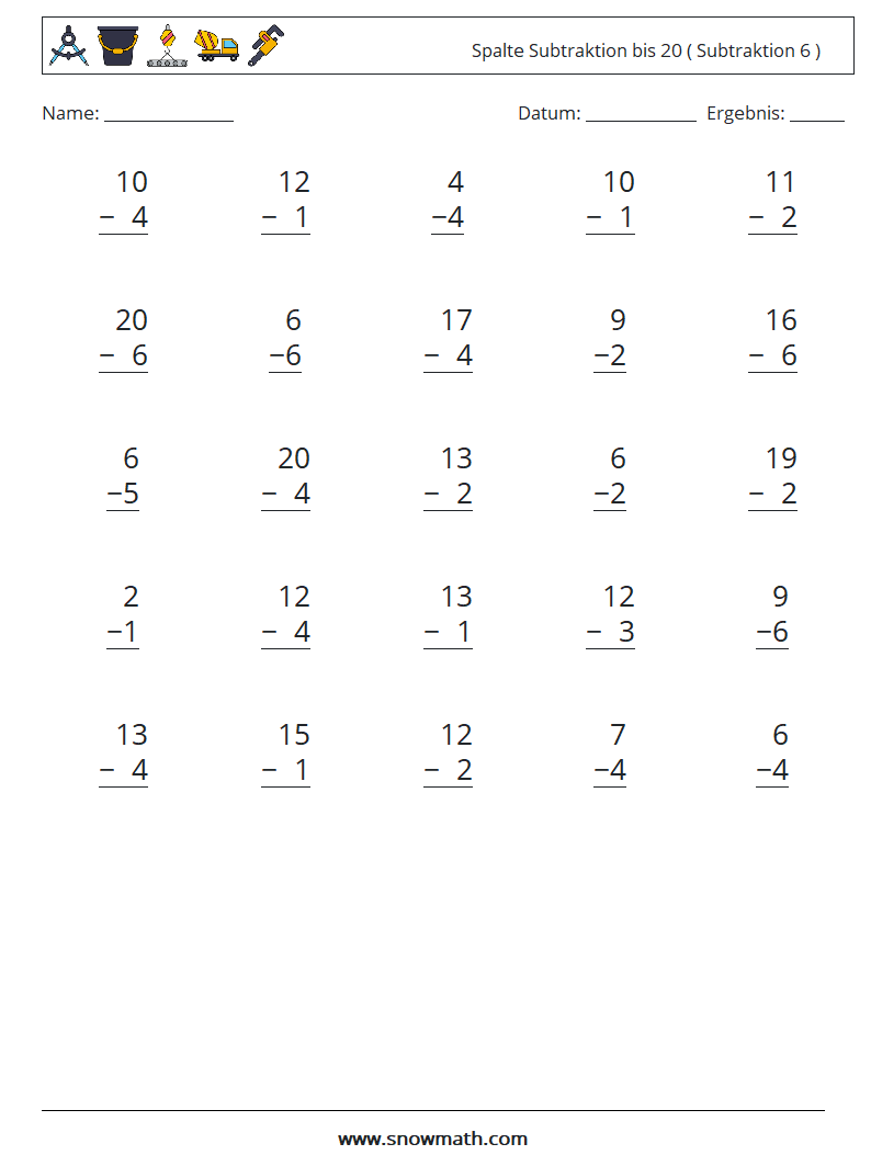 (25) Spalte Subtraktion bis 20 ( Subtraktion 6 ) Mathe-Arbeitsblätter 12