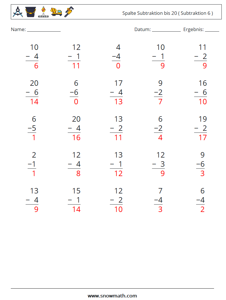 (25) Spalte Subtraktion bis 20 ( Subtraktion 6 ) Mathe-Arbeitsblätter 12 Frage, Antwort