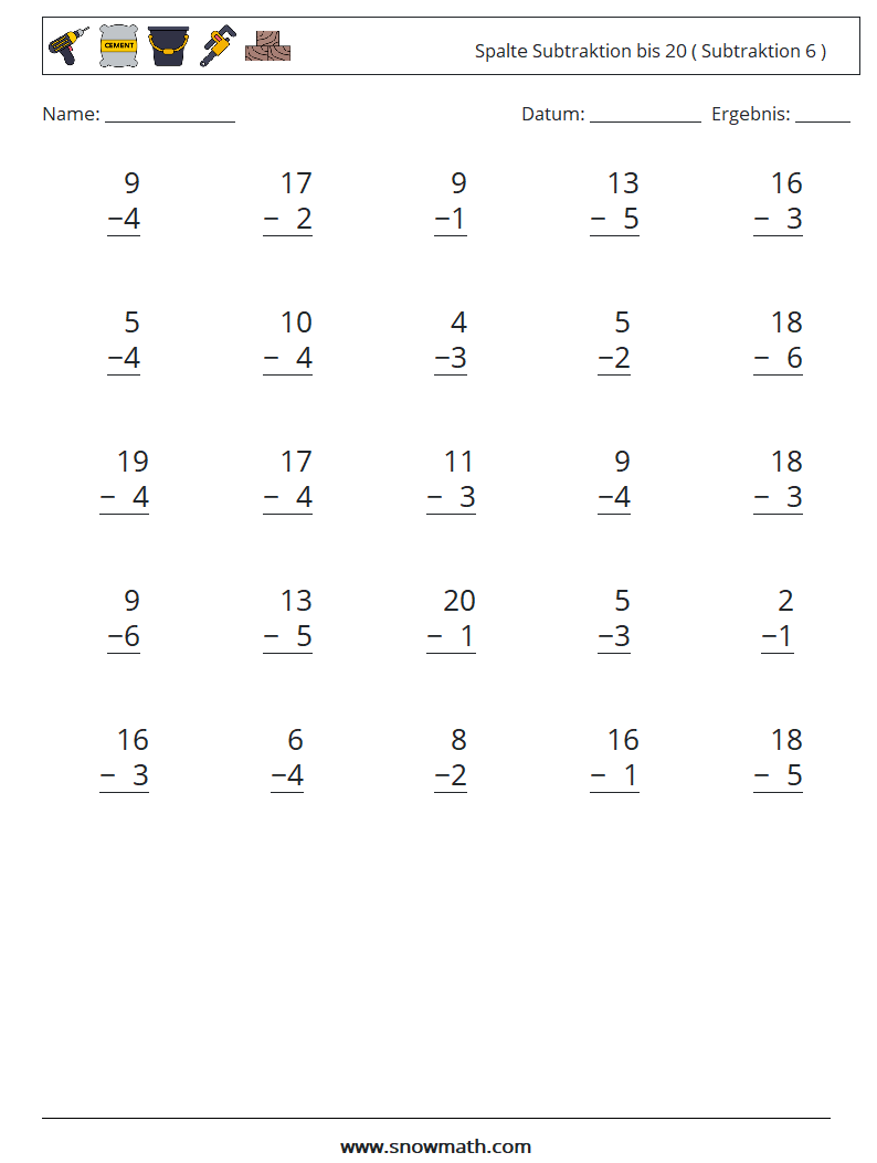 (25) Spalte Subtraktion bis 20 ( Subtraktion 6 ) Mathe-Arbeitsblätter 13