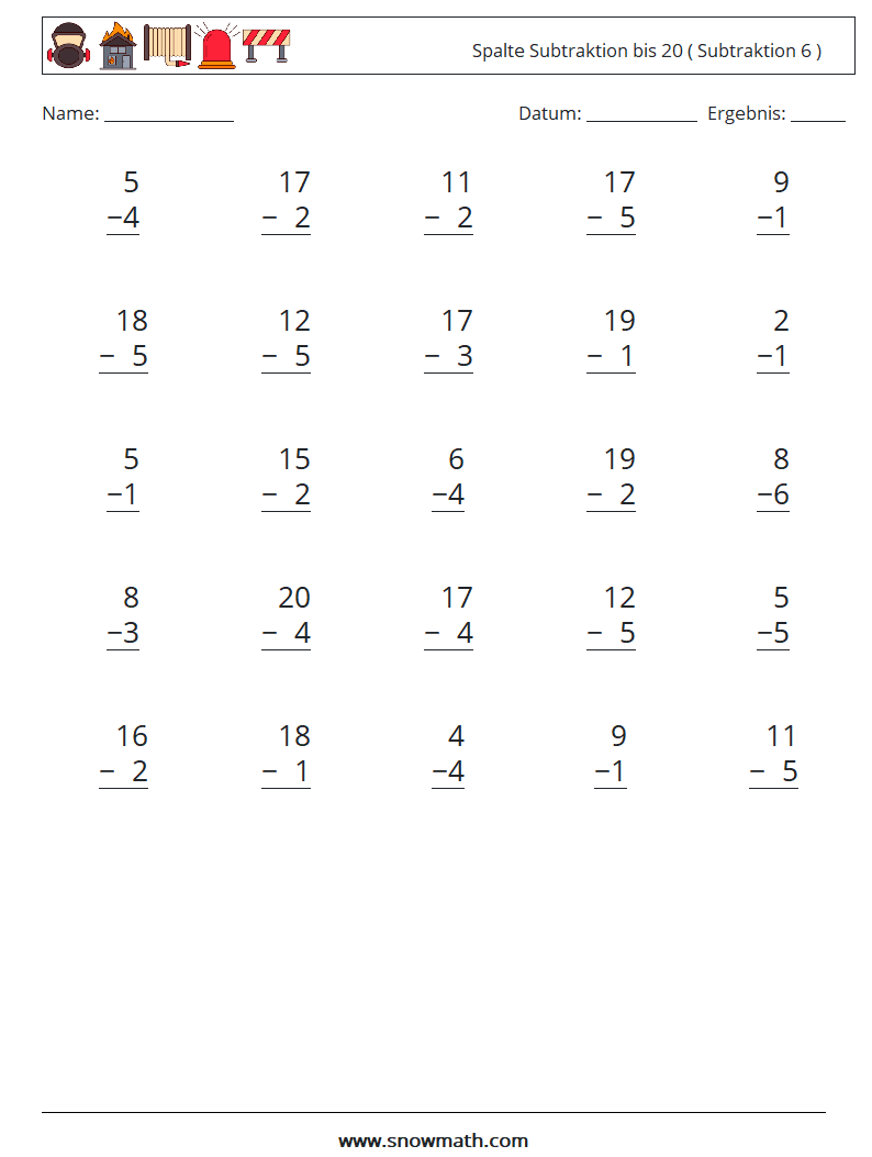 (25) Spalte Subtraktion bis 20 ( Subtraktion 6 ) Mathe-Arbeitsblätter 14