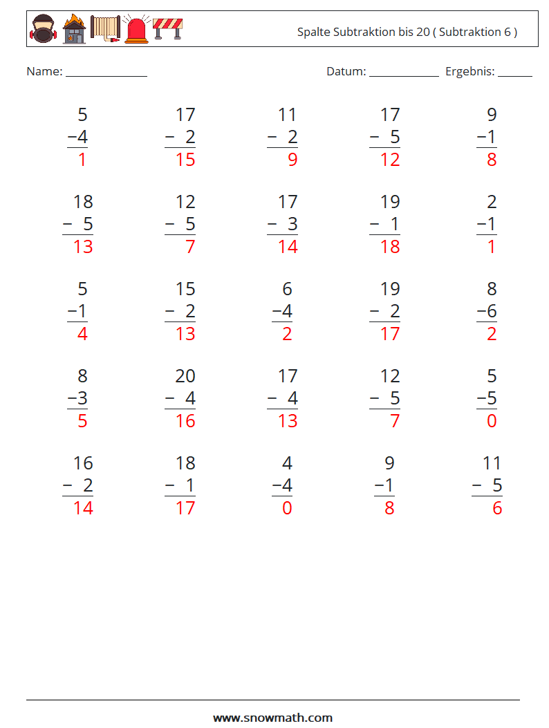 (25) Spalte Subtraktion bis 20 ( Subtraktion 6 ) Mathe-Arbeitsblätter 14 Frage, Antwort
