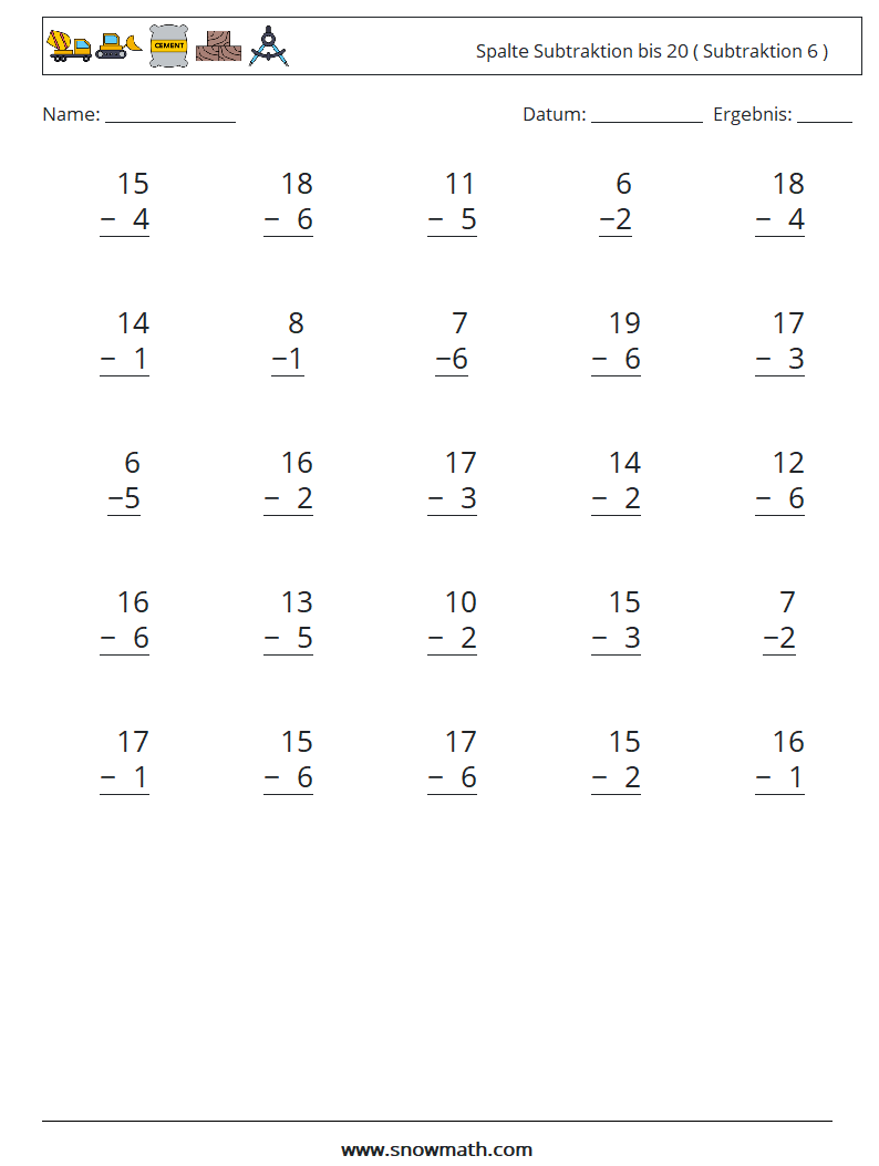 (25) Spalte Subtraktion bis 20 ( Subtraktion 6 ) Mathe-Arbeitsblätter 15
