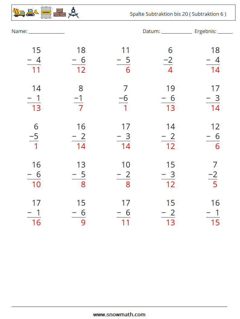 (25) Spalte Subtraktion bis 20 ( Subtraktion 6 ) Mathe-Arbeitsblätter 15 Frage, Antwort