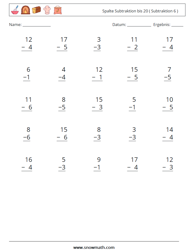 (25) Spalte Subtraktion bis 20 ( Subtraktion 6 ) Mathe-Arbeitsblätter 16