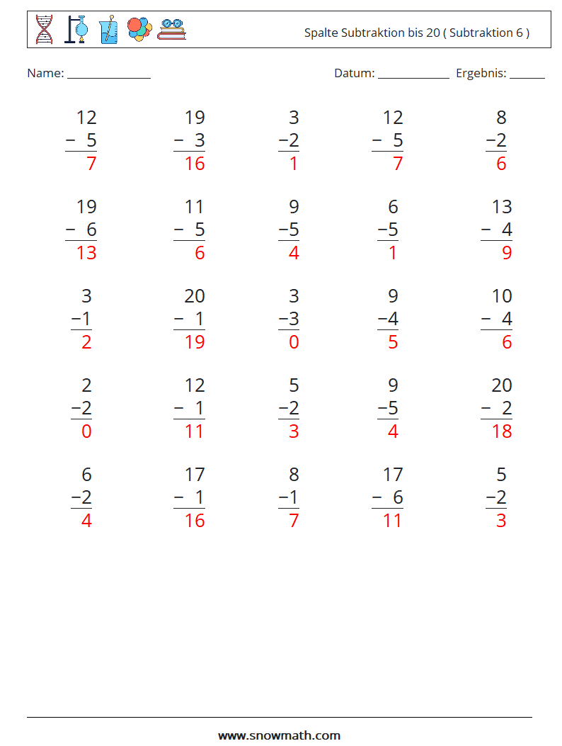(25) Spalte Subtraktion bis 20 ( Subtraktion 6 ) Mathe-Arbeitsblätter 17 Frage, Antwort