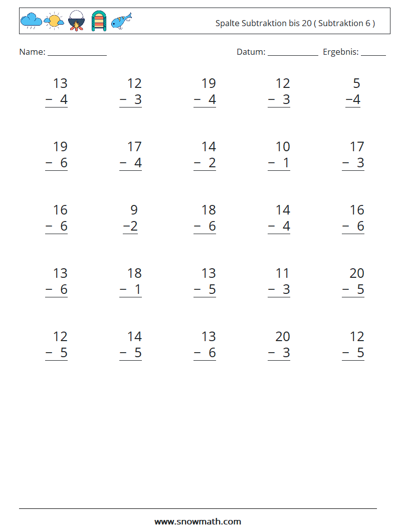 (25) Spalte Subtraktion bis 20 ( Subtraktion 6 ) Mathe-Arbeitsblätter 18