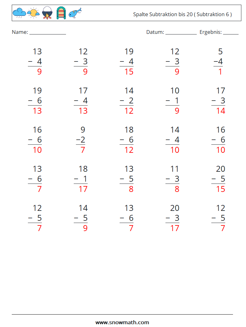 (25) Spalte Subtraktion bis 20 ( Subtraktion 6 ) Mathe-Arbeitsblätter 18 Frage, Antwort