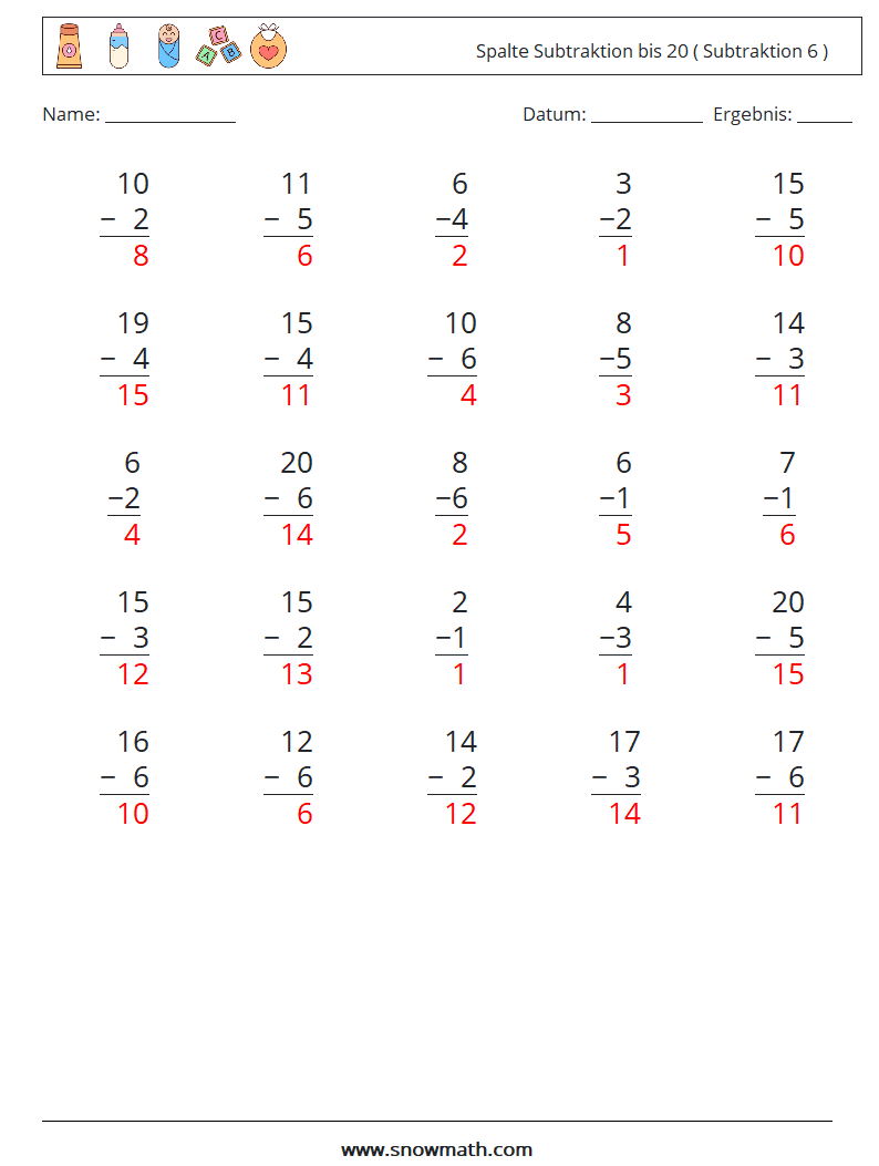 (25) Spalte Subtraktion bis 20 ( Subtraktion 6 ) Mathe-Arbeitsblätter 1 Frage, Antwort