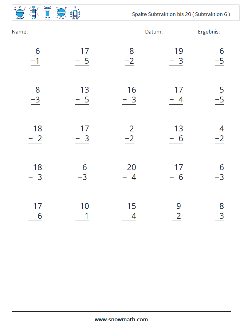 (25) Spalte Subtraktion bis 20 ( Subtraktion 6 ) Mathe-Arbeitsblätter 2