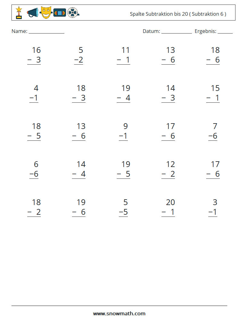 (25) Spalte Subtraktion bis 20 ( Subtraktion 6 ) Mathe-Arbeitsblätter 3