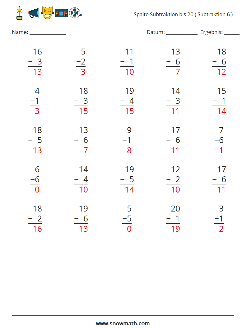 (25) Spalte Subtraktion bis 20 ( Subtraktion 6 ) Mathe-Arbeitsblätter 3 Frage, Antwort