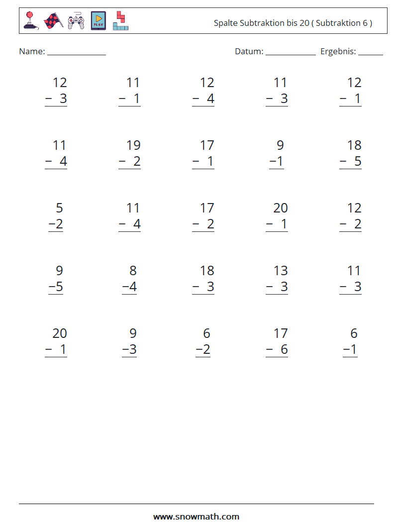 (25) Spalte Subtraktion bis 20 ( Subtraktion 6 ) Mathe-Arbeitsblätter 4