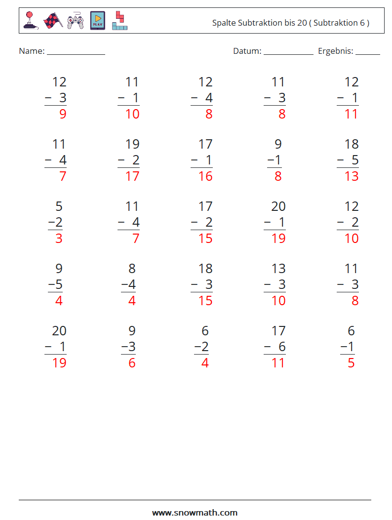 (25) Spalte Subtraktion bis 20 ( Subtraktion 6 ) Mathe-Arbeitsblätter 4 Frage, Antwort
