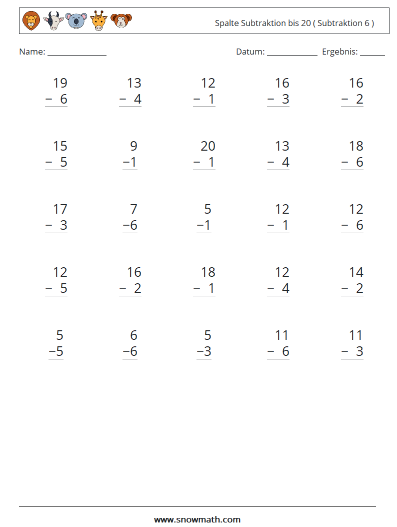 (25) Spalte Subtraktion bis 20 ( Subtraktion 6 ) Mathe-Arbeitsblätter 5