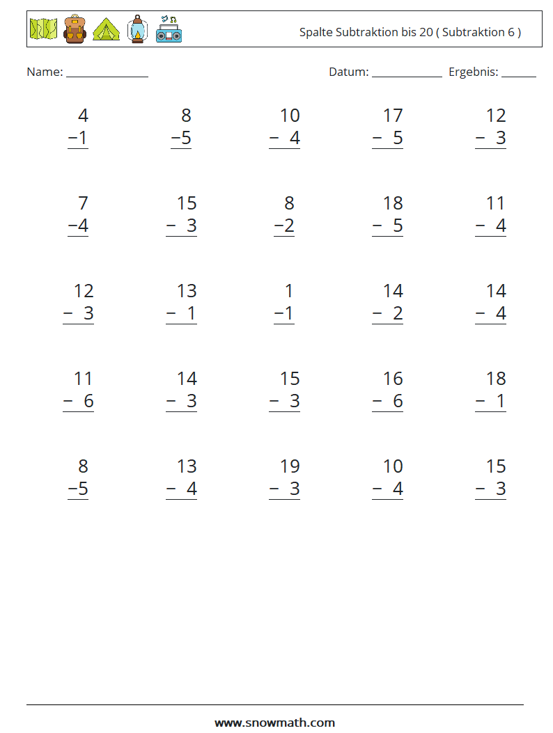 (25) Spalte Subtraktion bis 20 ( Subtraktion 6 ) Mathe-Arbeitsblätter 6