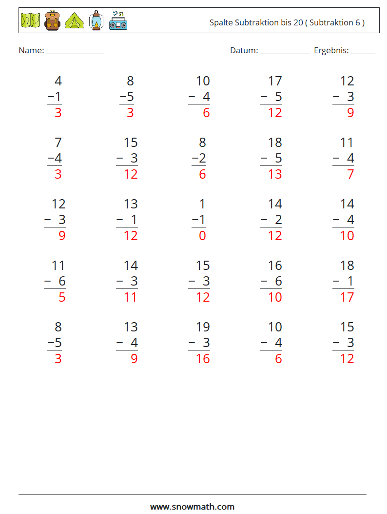 (25) Spalte Subtraktion bis 20 ( Subtraktion 6 ) Mathe-Arbeitsblätter 6 Frage, Antwort