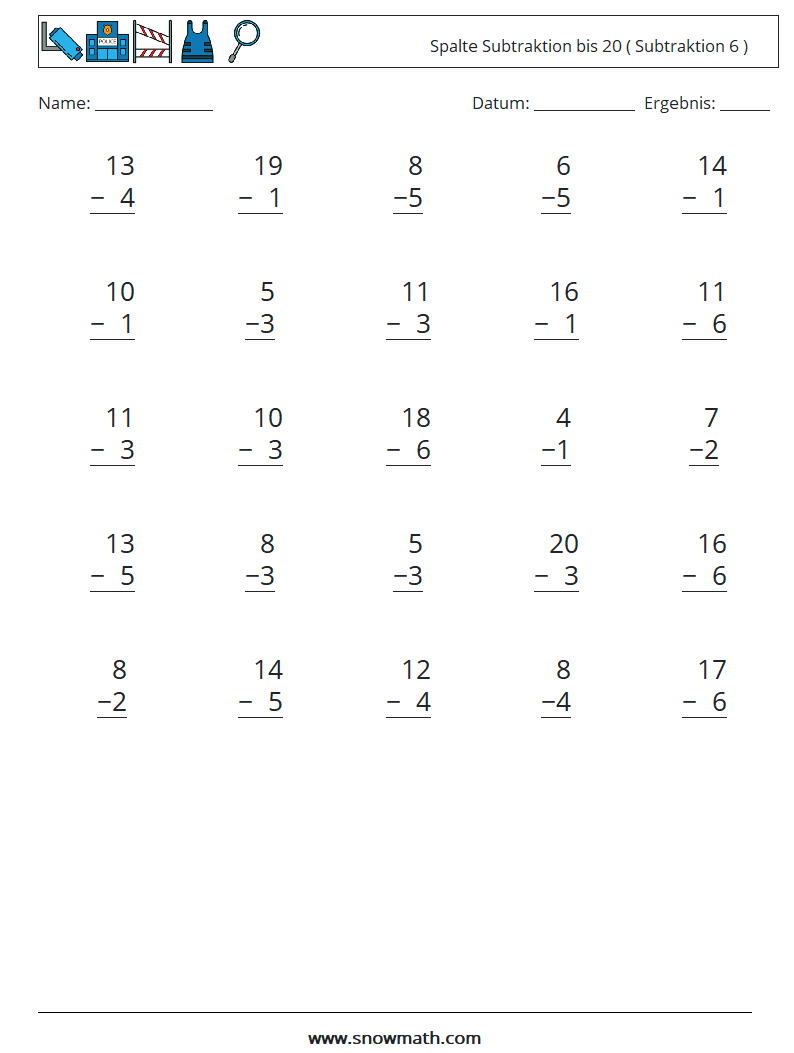 (25) Spalte Subtraktion bis 20 ( Subtraktion 6 ) Mathe-Arbeitsblätter 7